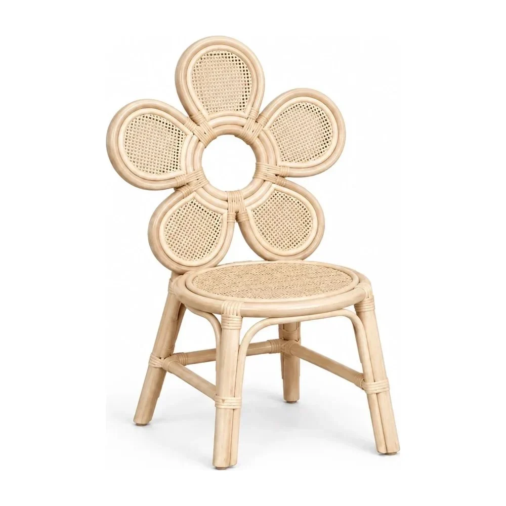 Flor children's rattan chair with a five-petal flower-shaped back in natural woven cane