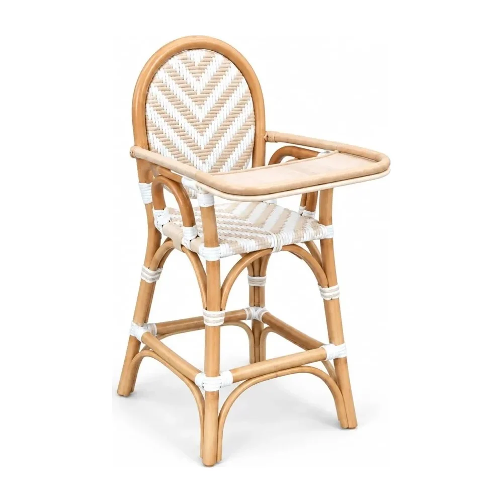 Isabella children's rattan high chair with chevron woven back, white bindings and a tray