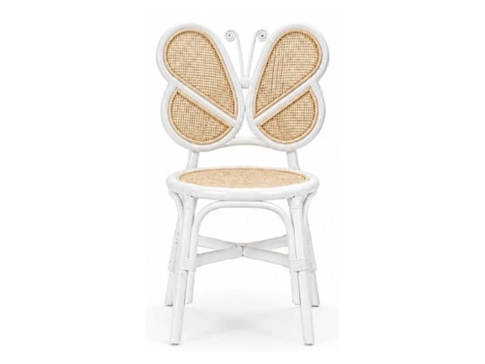 Mariposa children's rattan butterfly chair with white frame and natural woven cane wings