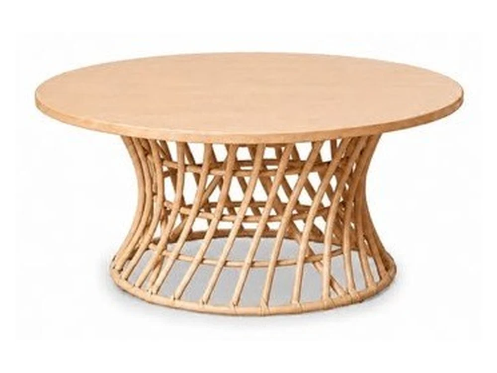 Round children's rattan party table in natural finish with sculptural woven base