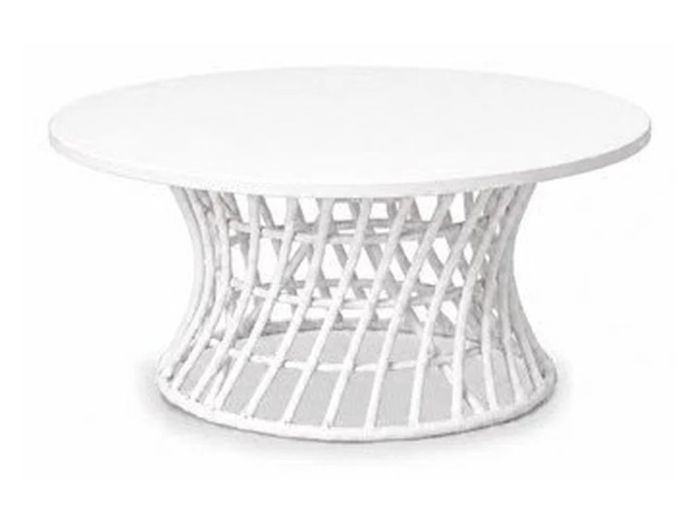 Round children's rattan party table in white with sculptural woven base