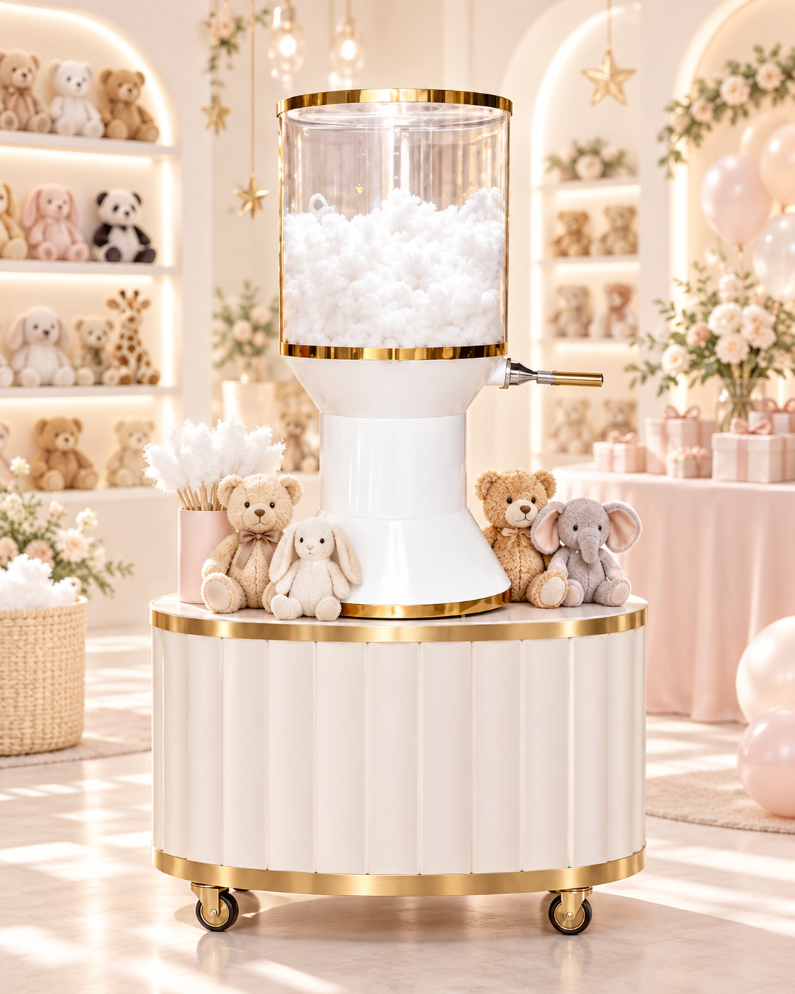 Elegant mobile plushie-making station with stuffed animals
