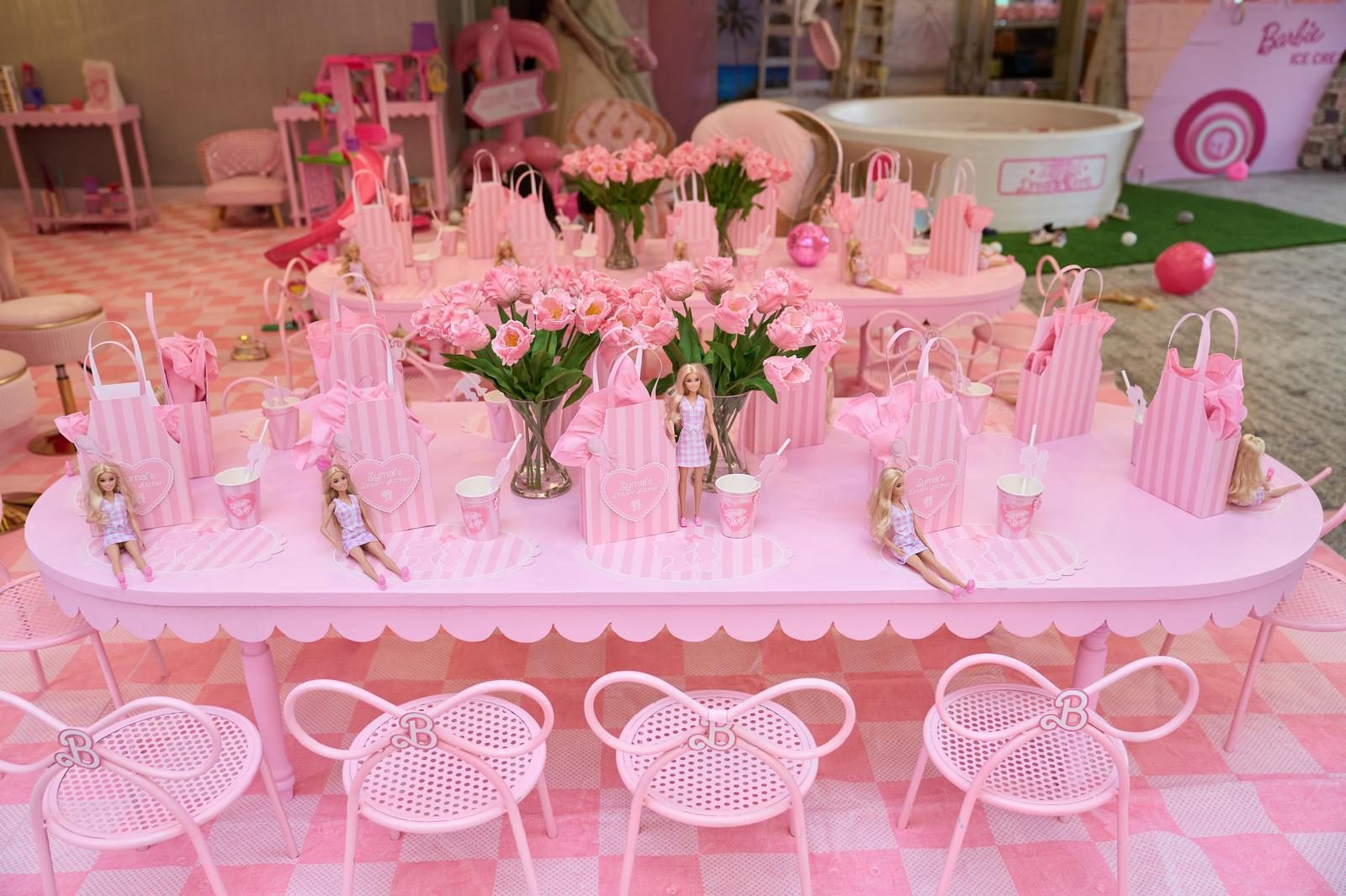 Pink Dreamhouse party table with children's chairs in New Jersey
