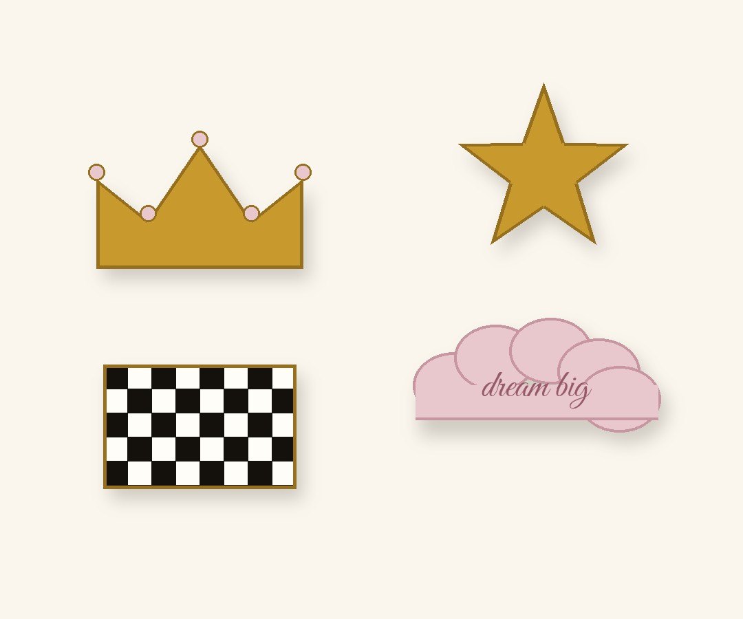 Theme cutouts and props example — foam board crown, star, dream big cloud and checkered race flag