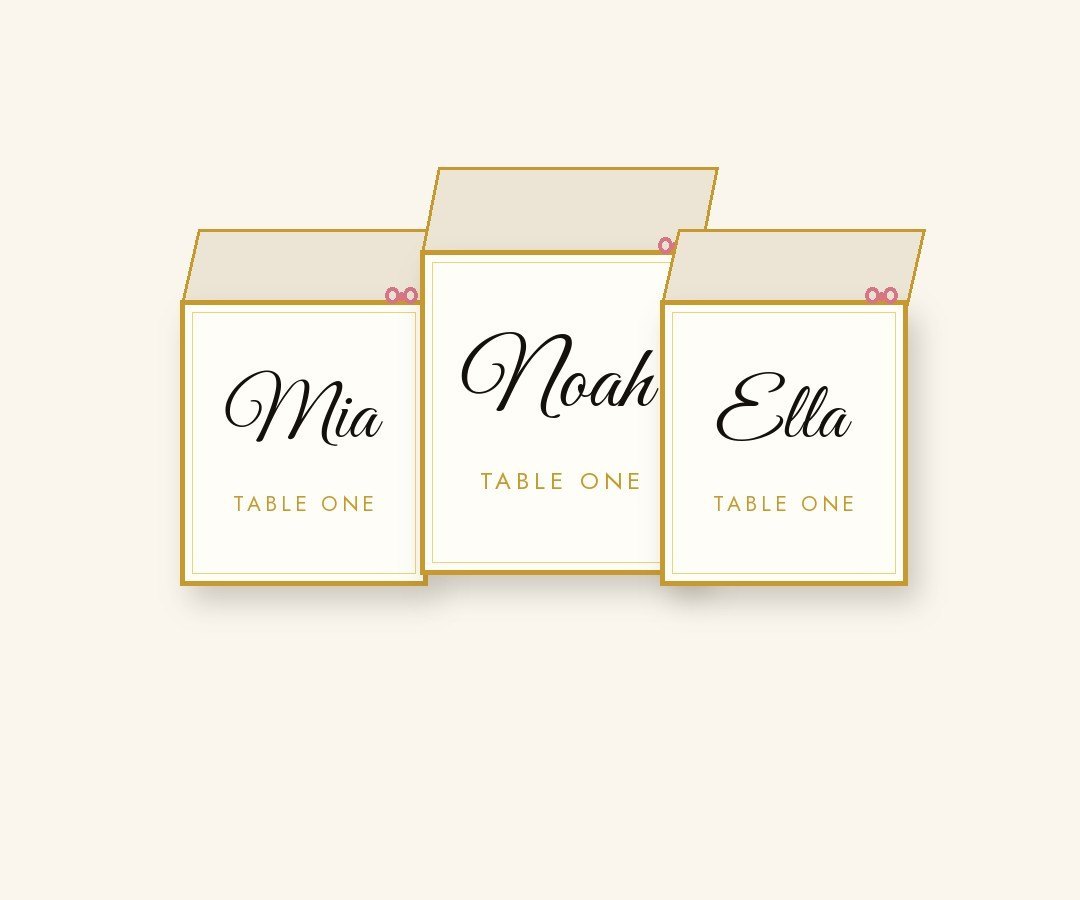 Foam board place card stands example — gold-edged tent cards with children's names