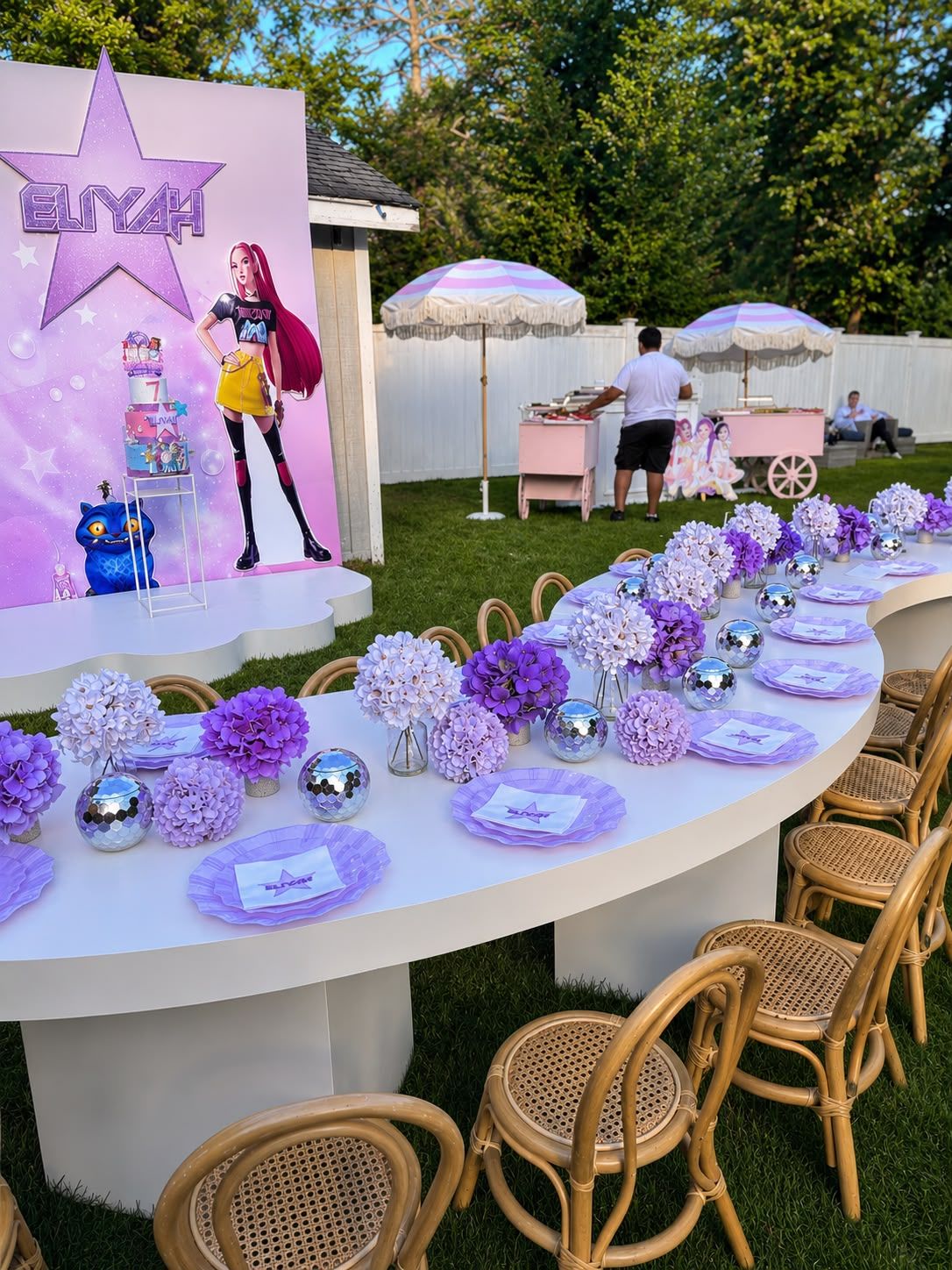 Purple pop star party tablescape with Mini Chairs Atelier seating