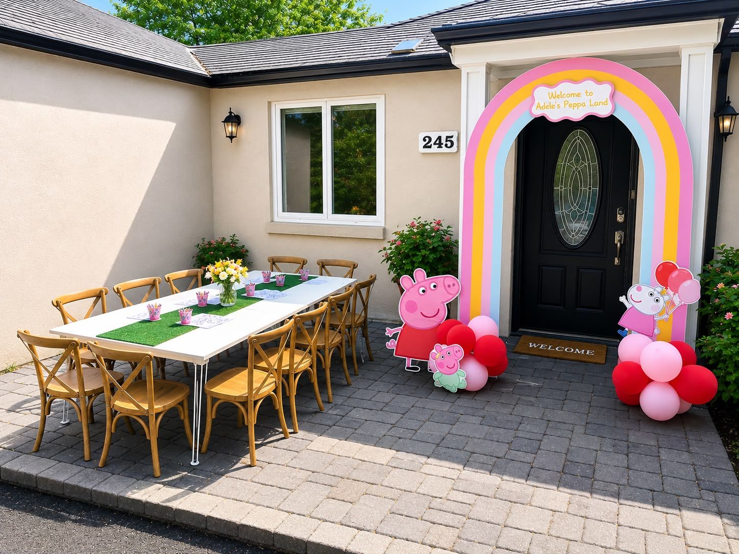 Colorful rainbow welcome party with children's rattan chairs