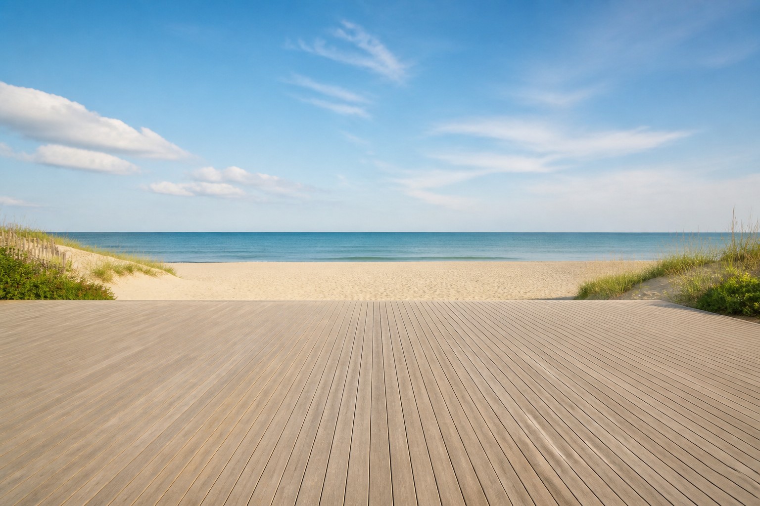 Open beachfront deck overlooking sand dunes and calm blue ocean
