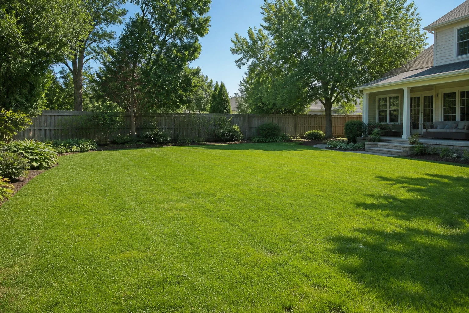 Spacious residential backyard with a broad level grass lawn